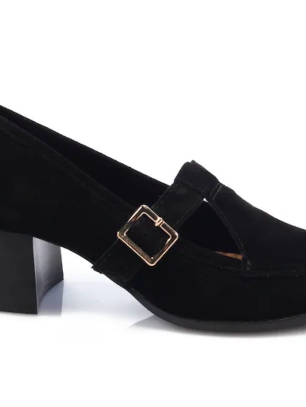 Kelsi Dagger Black Suede Mary Jane Block Heel with Gold Buckle